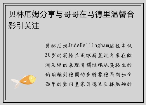 贝林厄姆分享与哥哥在马德里温馨合影引关注